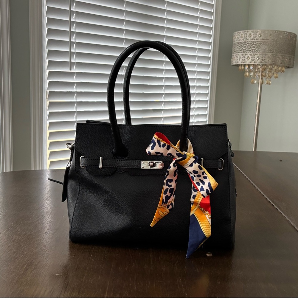 Birkin style satchel with Textured Leather and Silver Accents